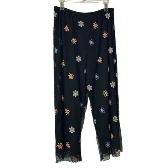 Vintage 90s F.L.‎ Malik Floral Embroidered Mesh Black Pants Women's Size Medium - Picture 2 of 6